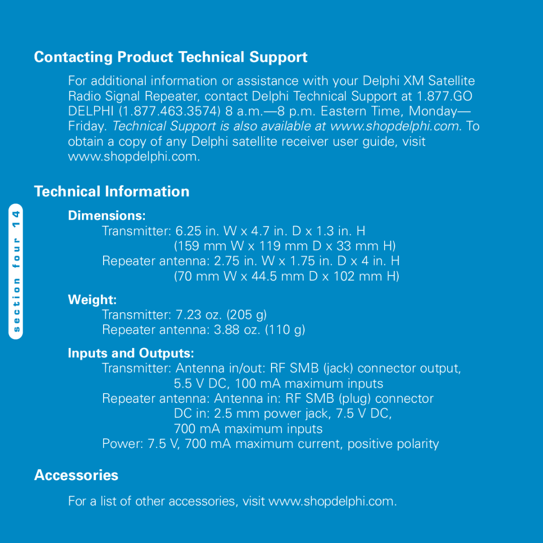 Delphi SA10116-11B1 manual Contacting Product Technical Support, Technical Information, Accessories, Dimensions, Weight 