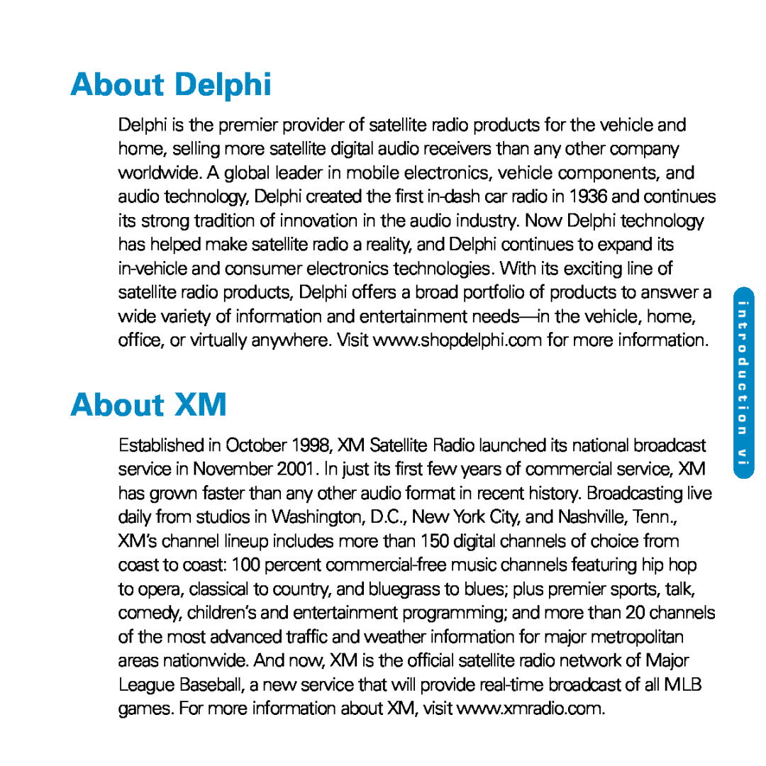 Delphi SA10116-11B1 manual About Delphi, About XM, i n t r o d u c t i o n 