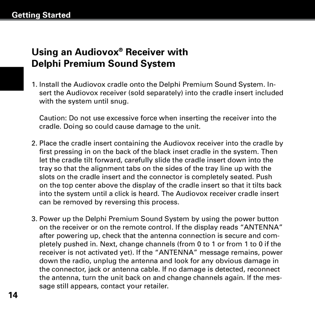 Delphi SA10221 manual Using an Audiovox Receiver with Delphi Premium Sound System 