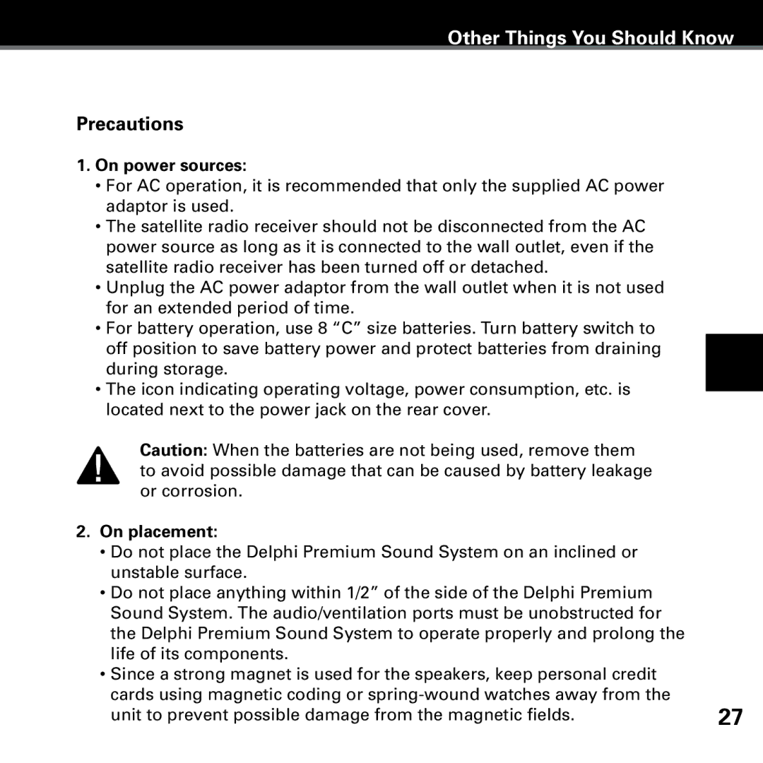 Delphi SA10221 manual Precautions, On power sources, On placement 