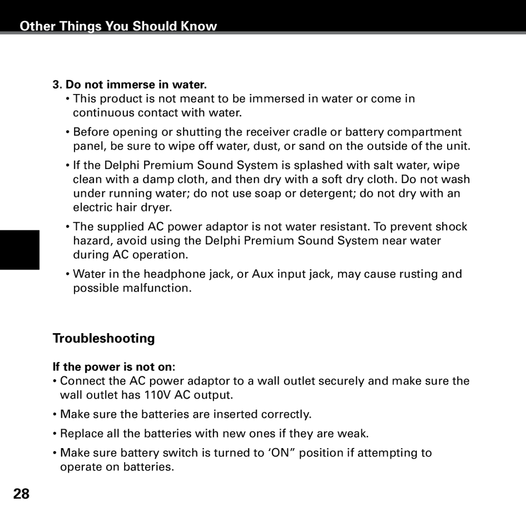 Delphi SA10221 manual Troubleshooting, Do not immerse in water, If the power is not on 