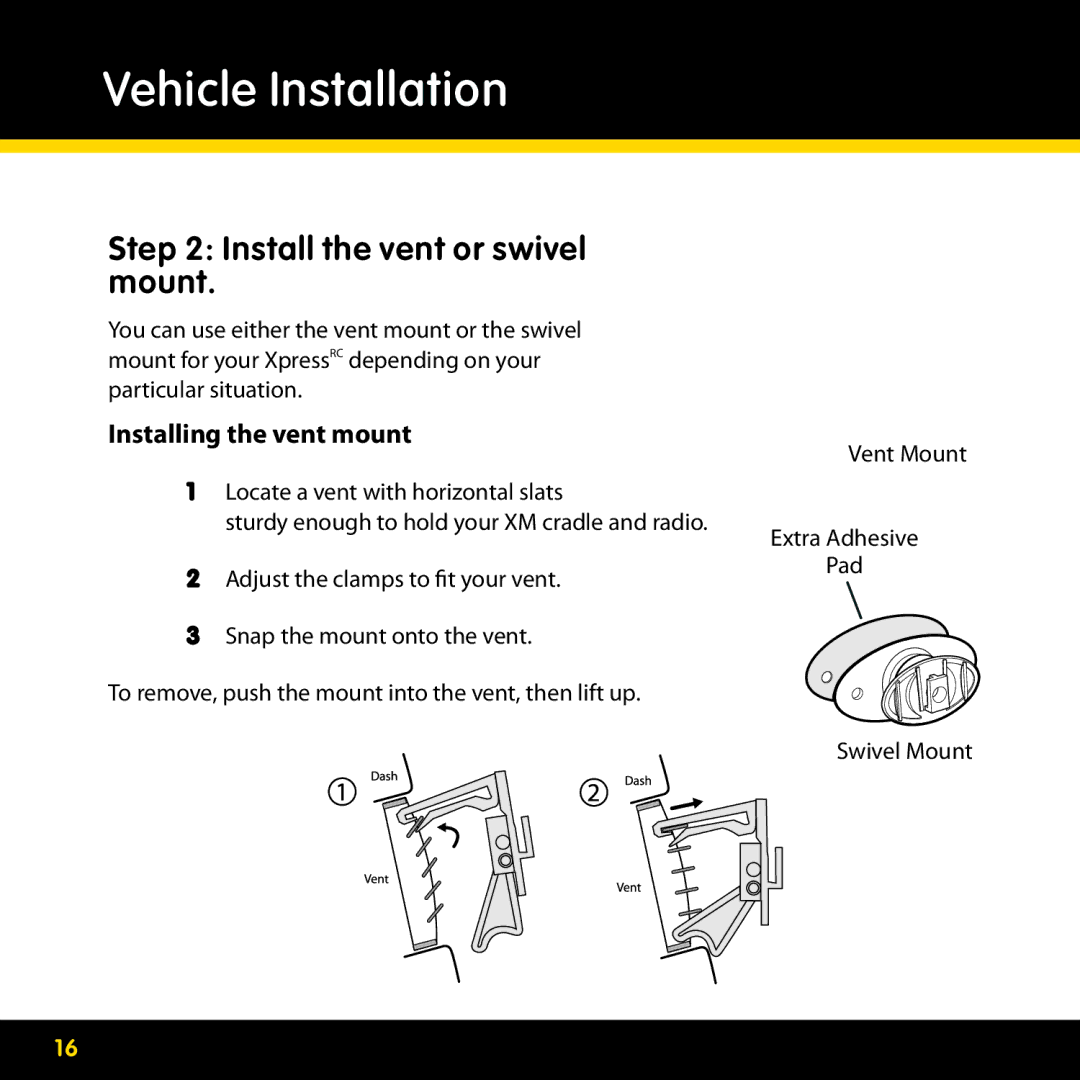 Delphi SA10316 manual Install the vent or swivel mount, Installing the vent mount 