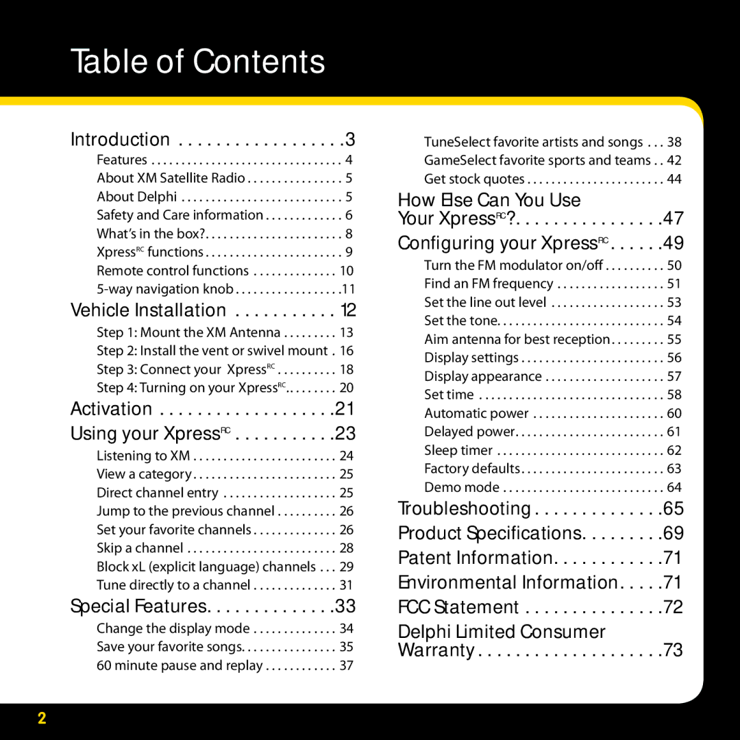 Delphi SA10316 manual Table of Contents 