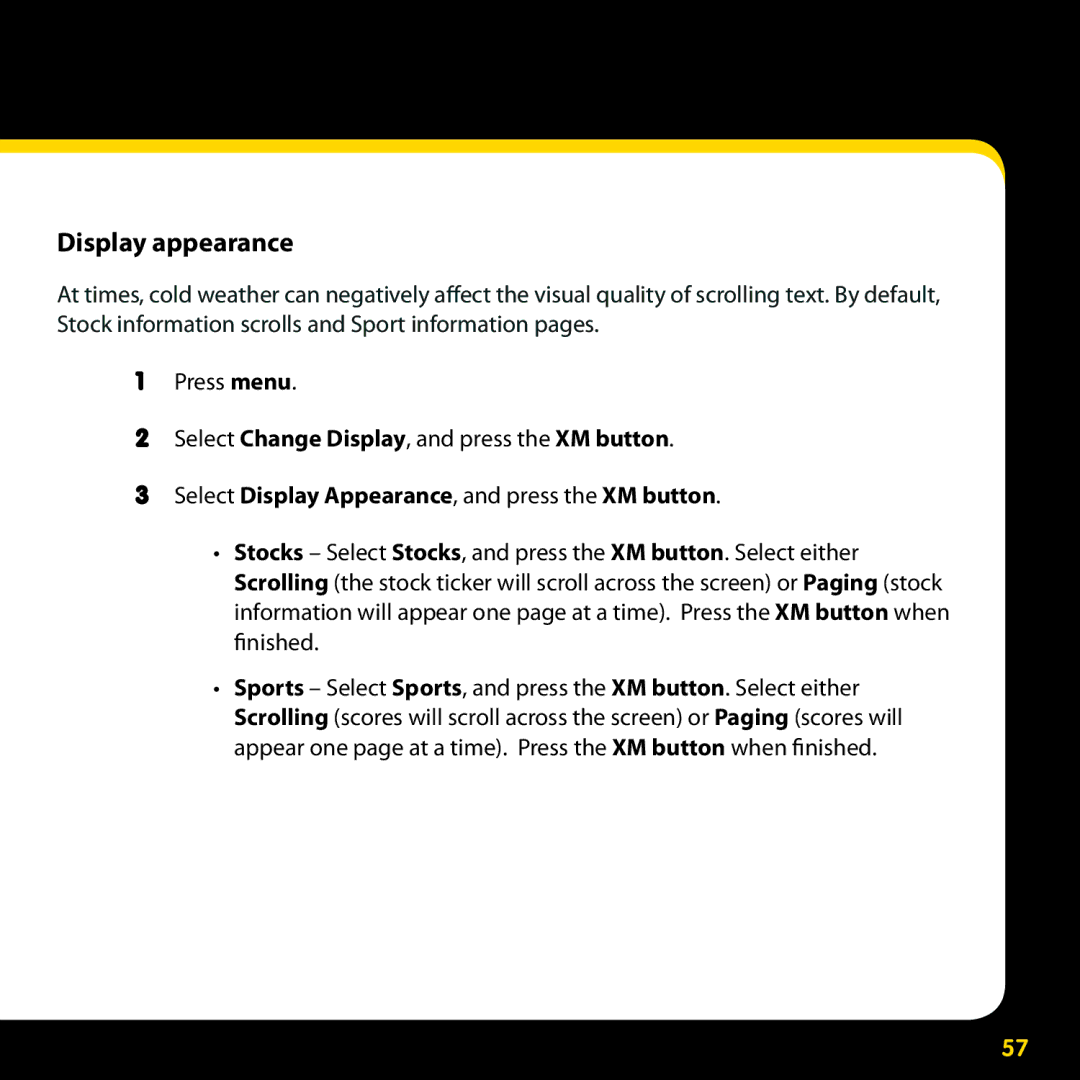 Delphi SA10316 manual Display appearance, Select Display Appearance, and press the XM button 