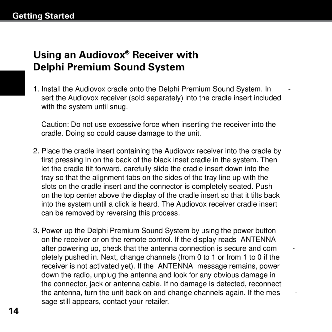 Delphi SKYFI3 manual Using an Audiovox Receiver with Delphi Premium Sound System 