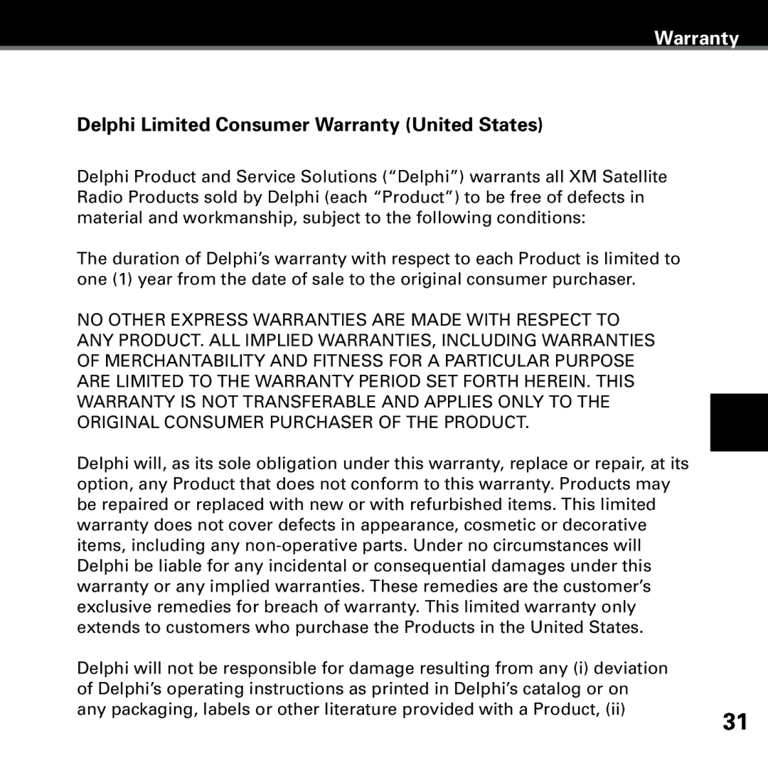 Delphi SKYFI3 manual Delphi Limited Consumer Warranty United States 