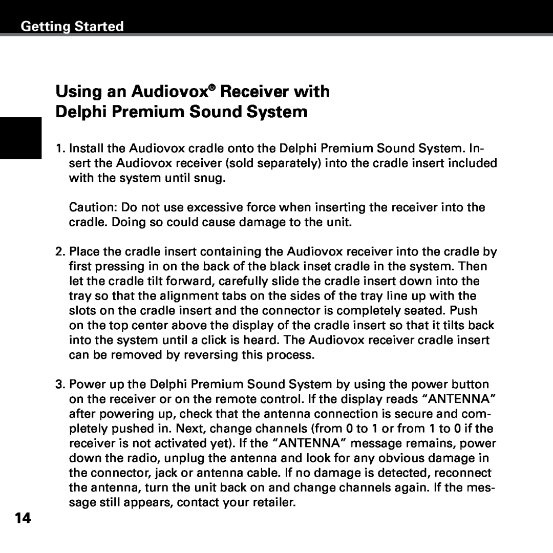 Delphi SKYFI3 manual Using an Audiovox Receiver with, Delphi Premium Sound System, Getting Started 