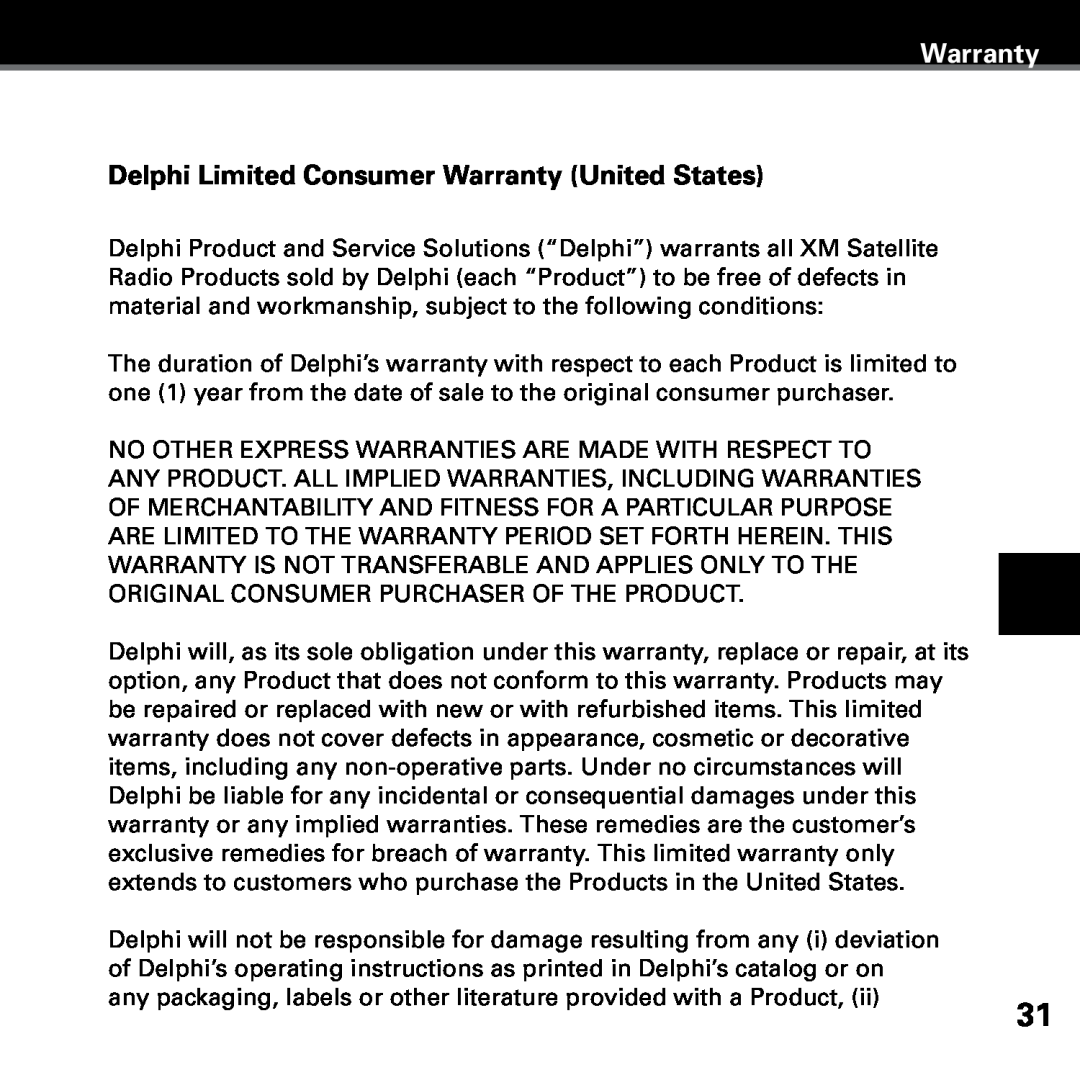 Delphi SKYFI3 manual Delphi Limited Consumer Warranty United States 