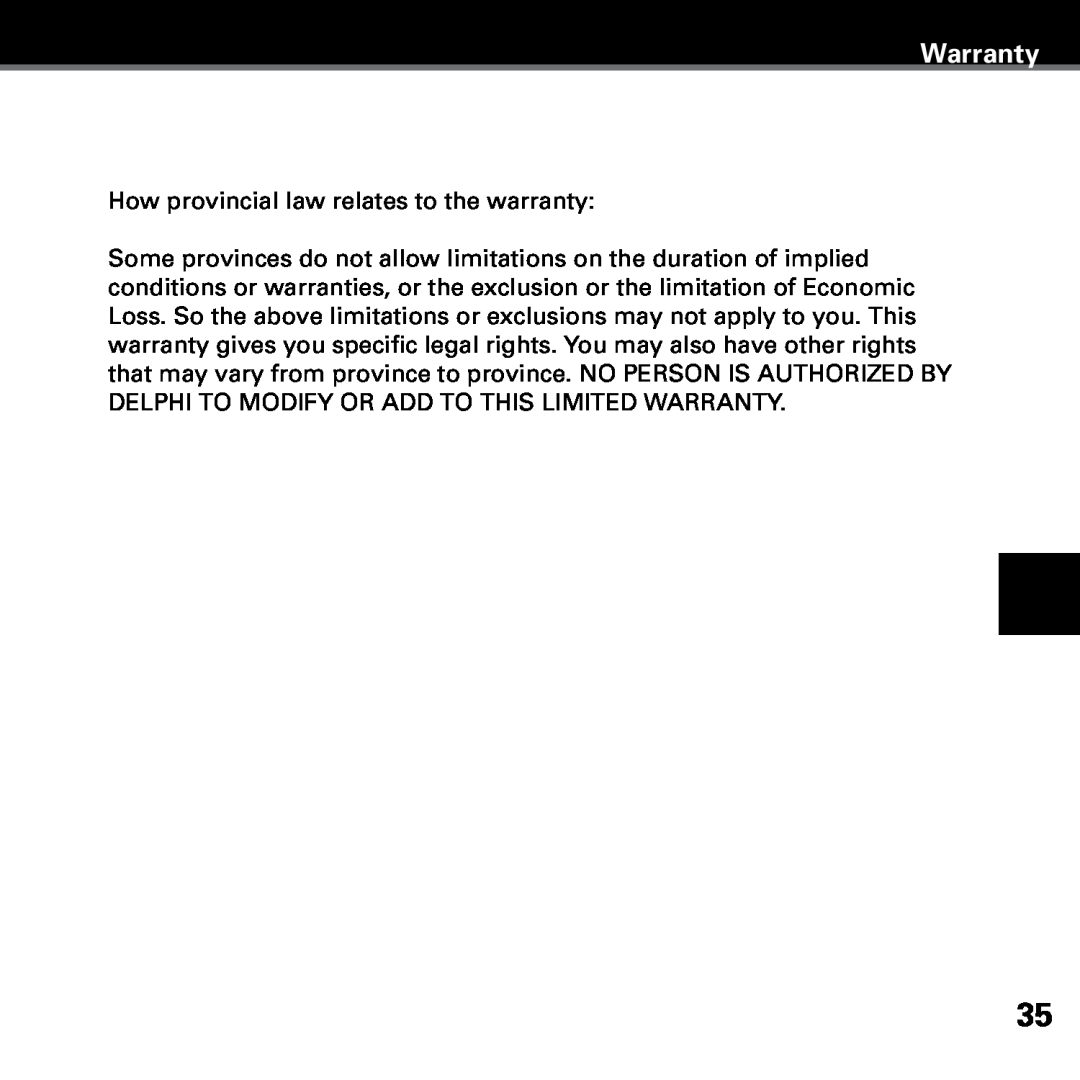 Delphi SKYFI3 manual Warranty, How provincial law relates to the warranty 