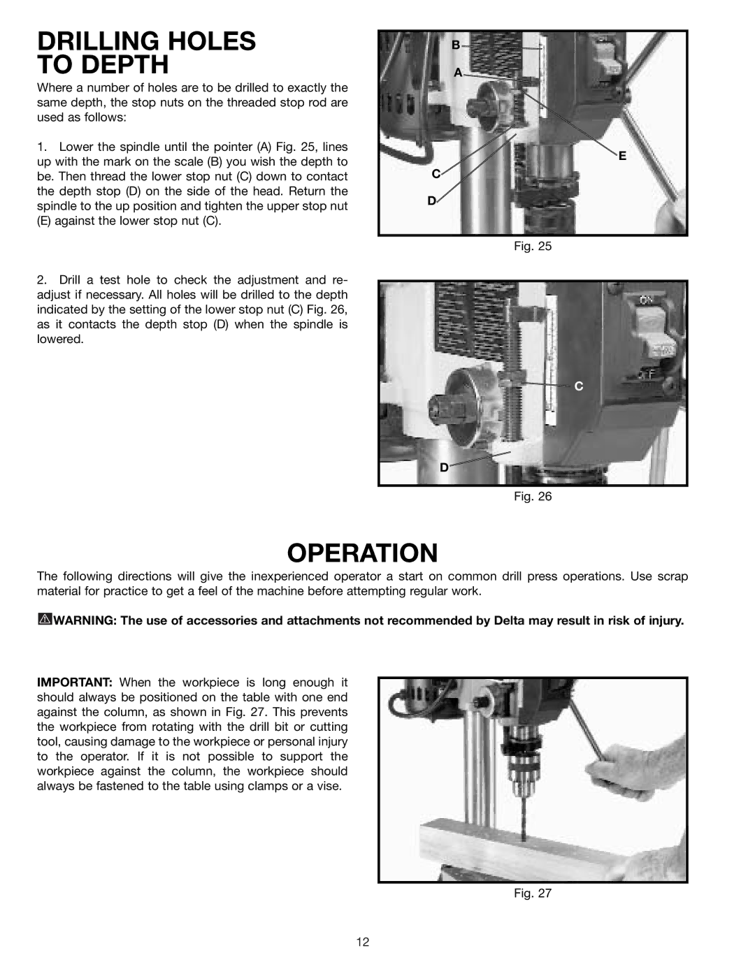 Delta 11-950 instruction manual Drilling Holes To Depth, Operation 