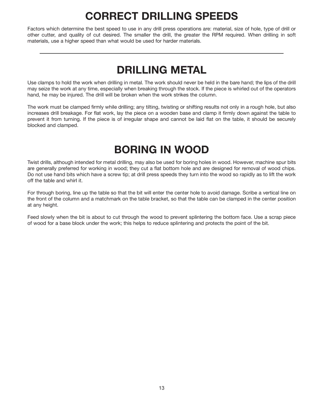 Delta 11-950 instruction manual Correct Drilling Speeds, Drilling Metal, Boring in Wood 