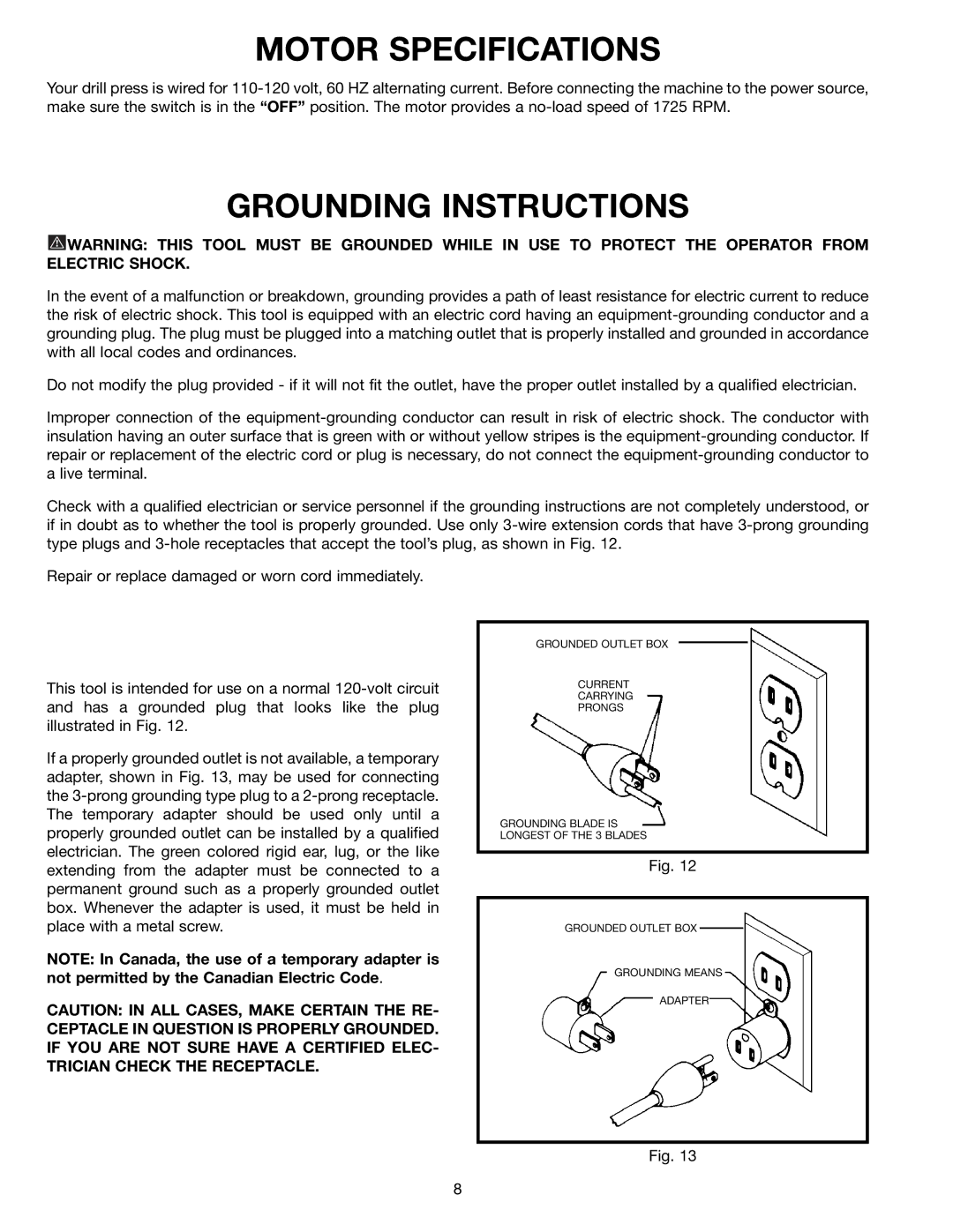 Delta 11-950 instruction manual Motor Specifications, Grounding Instructions 