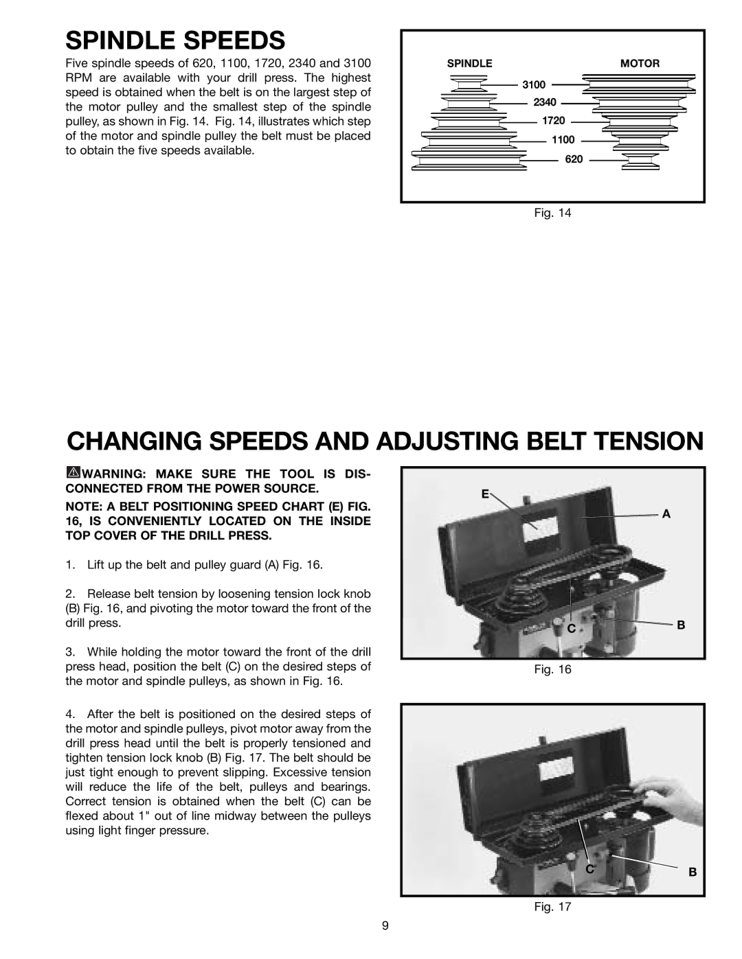 Delta 11-950 instruction manual Spindle Speeds, Changing Speeds and Adjusting Belt Tension 