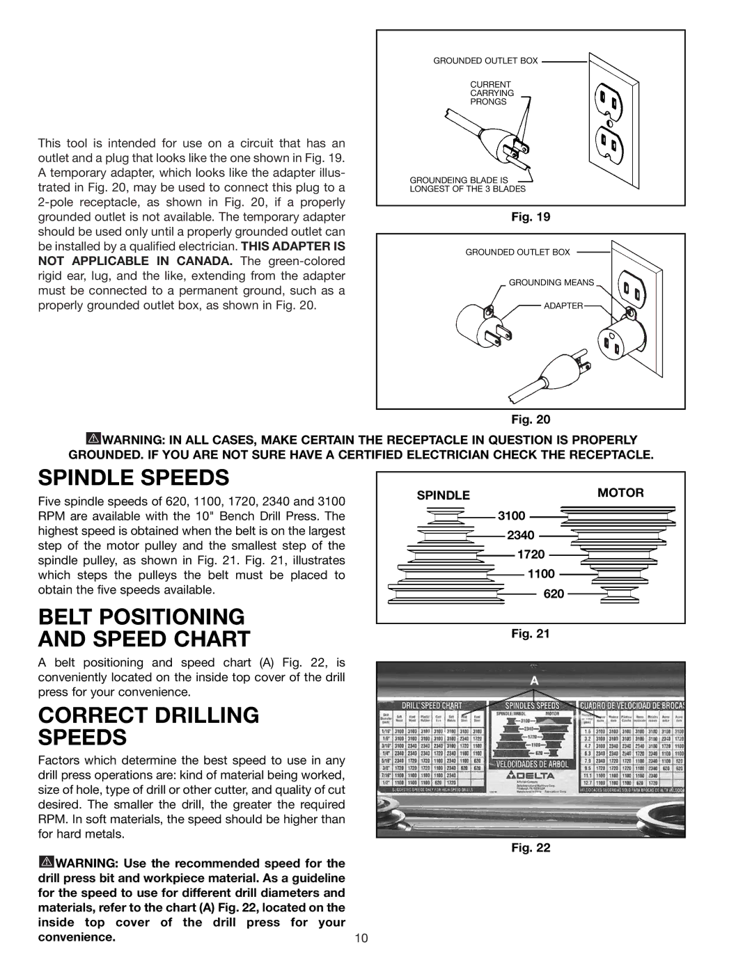 Delta 11-985 instruction manual Spindle Speeds, Belt Positioning Speed Chart, Correct Drilling Speeds 