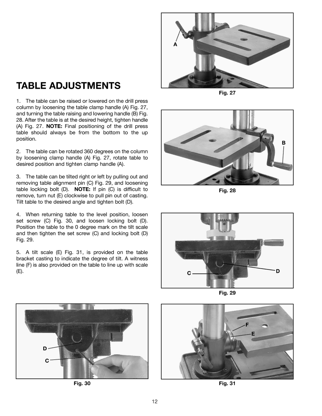 Delta 11-985 instruction manual Table Adjustments 