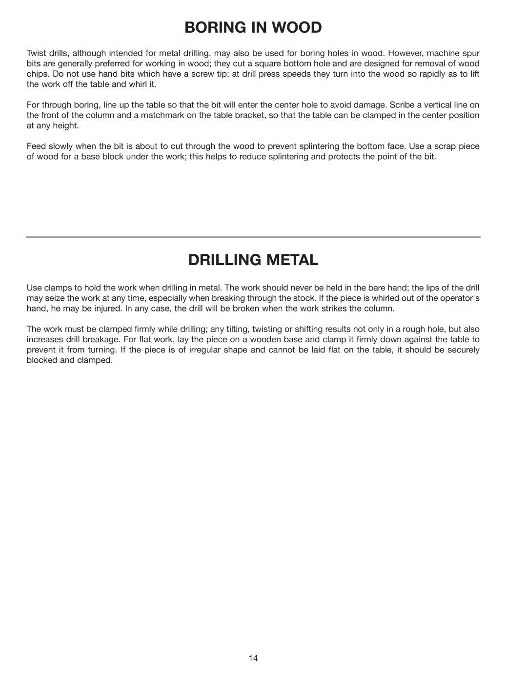 Delta 11-985 instruction manual Boring in Wood, Drilling Metal 