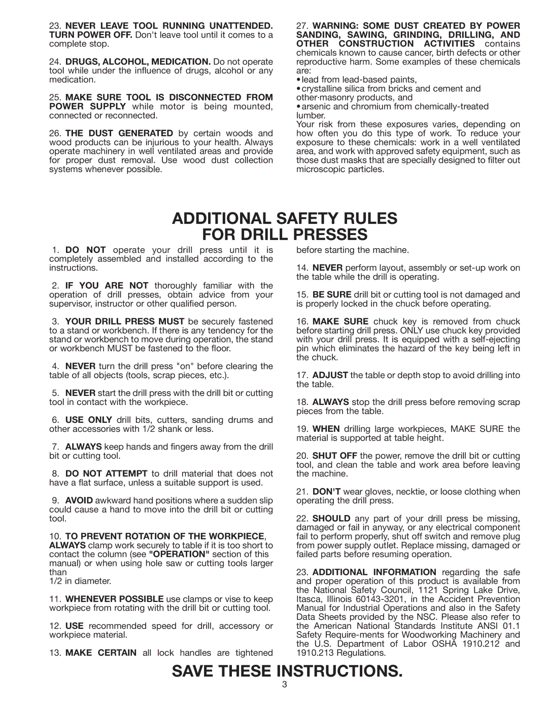 Delta 11-985 instruction manual Additional Safety Rules For Drill Presses 