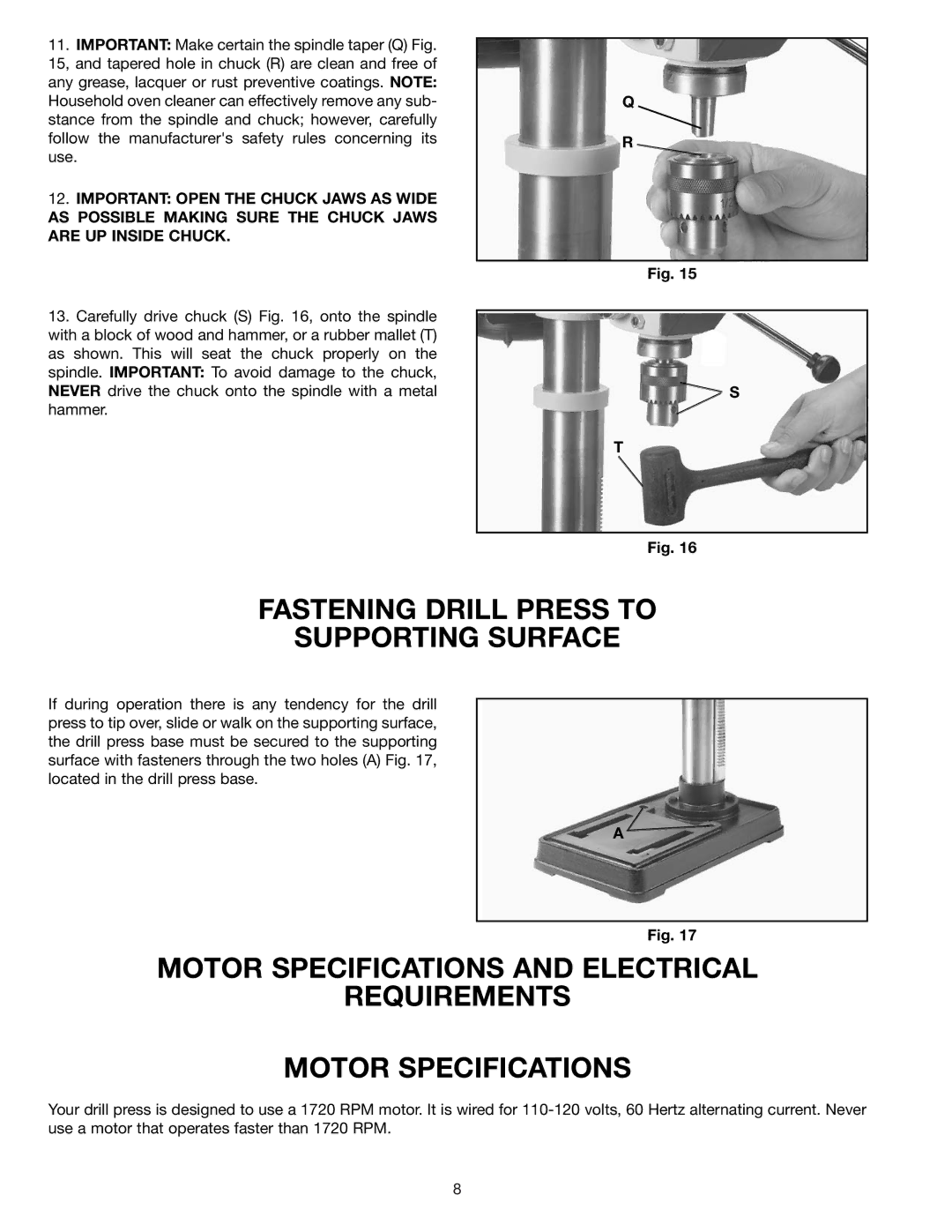 Delta 11-985 Fastening Drill Press to Supporting Surface, Motor Specifications and Electrical Requirements 