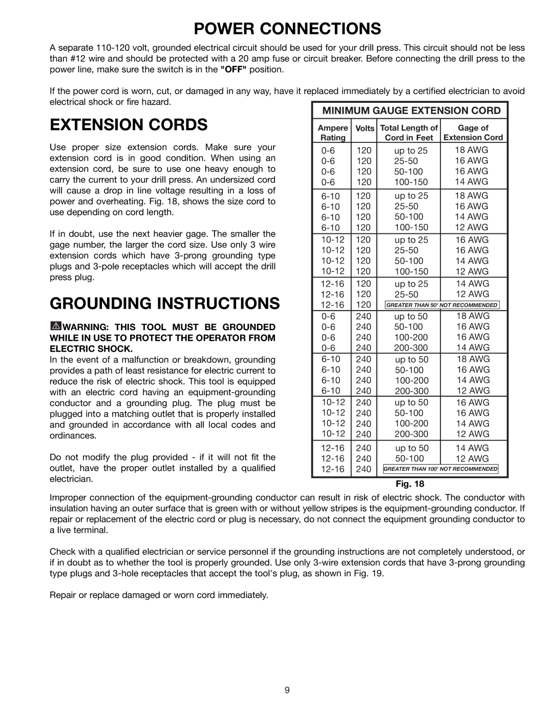 Delta 11-985 instruction manual Power Connections, Extension Cords, Grounding Instructions 