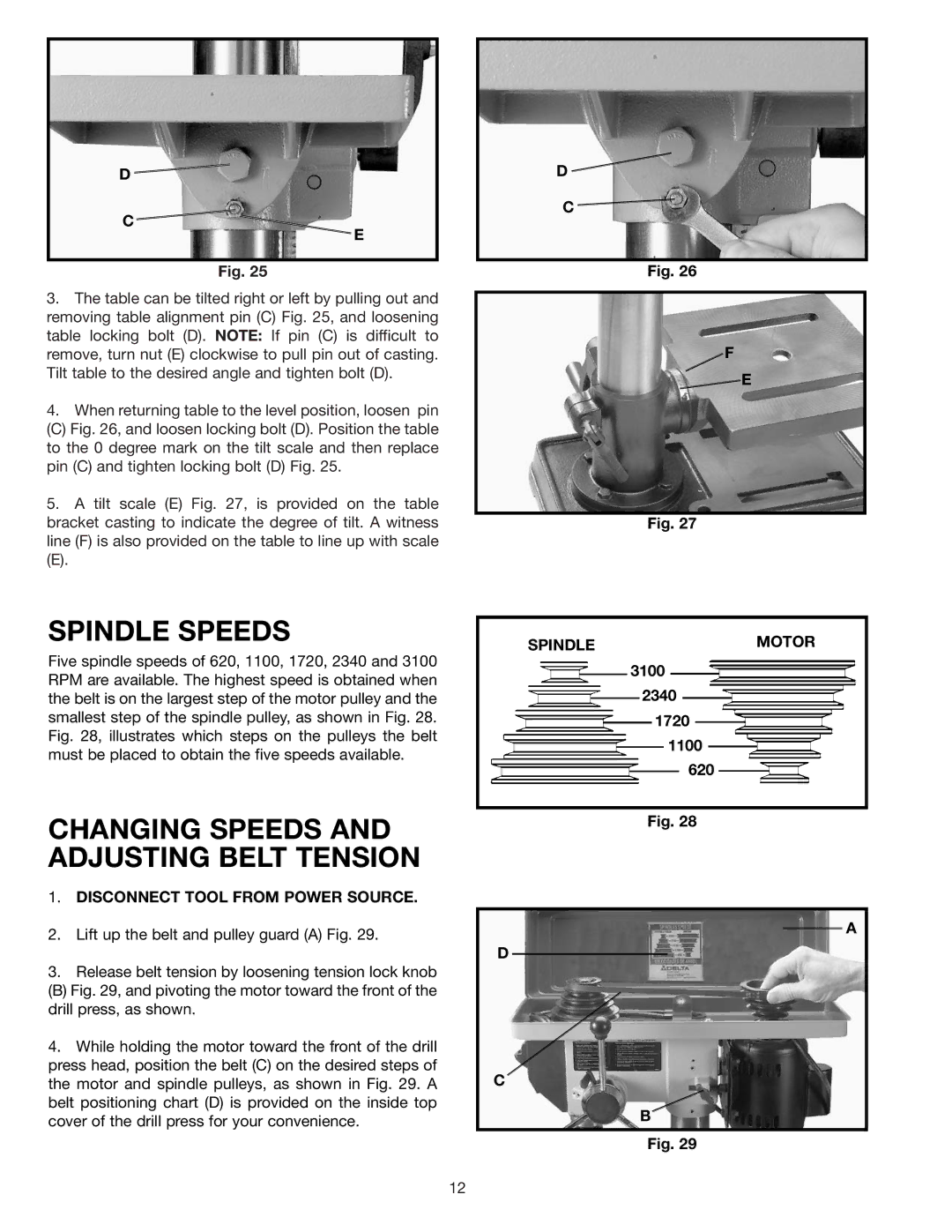 Delta 11-990 instruction manual Spindle Speeds, Changing Speeds and Adjusting Belt Tension 