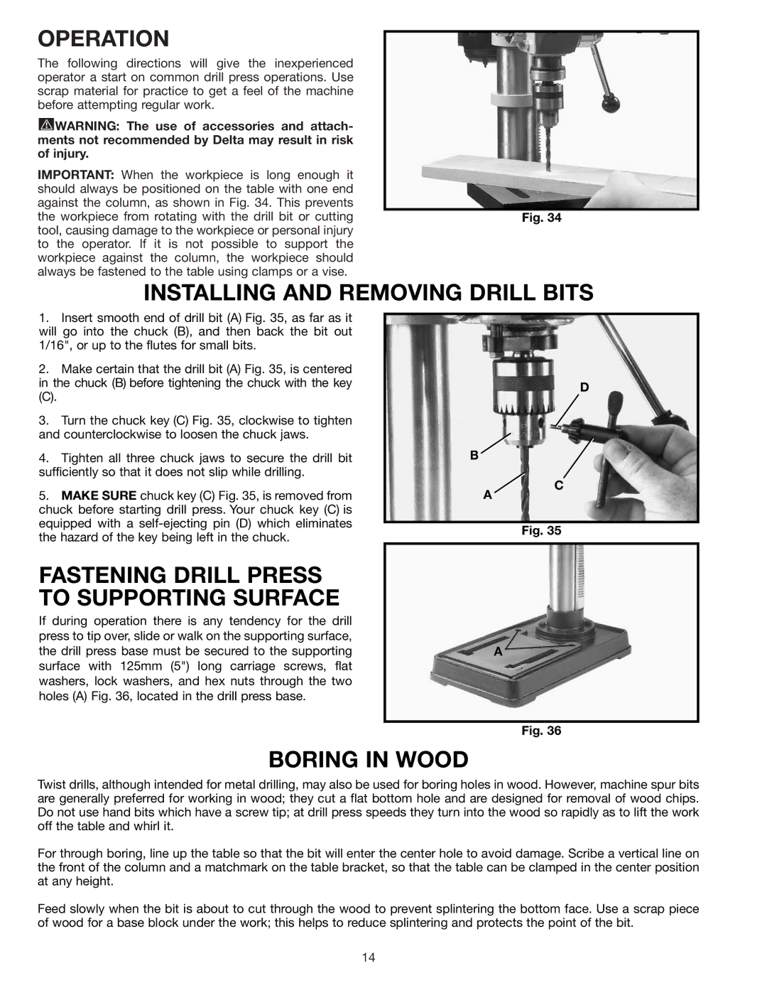 Delta 11-990 Operation, Installing and Removing Drill Bits, Fastening Drill Press to Supporting Surface, Boring in Wood 