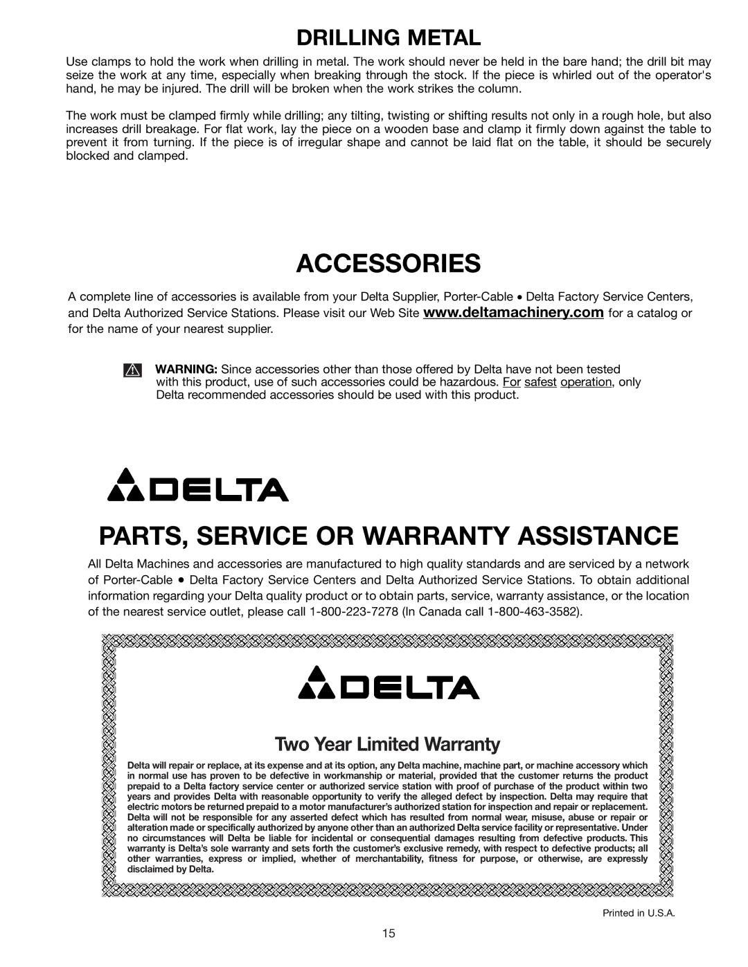 Delta 11-990 instruction manual Accessories PARTS, Service or Warranty Assistance, Drilling Metal 