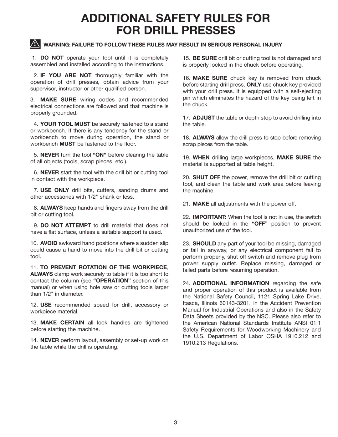 Delta 11-990 instruction manual Additional Safety Rules for For Drill Presses 