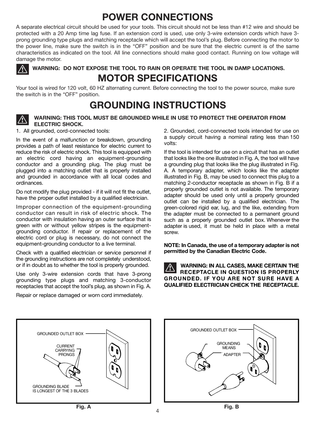 Delta 11-990 instruction manual Power Connections, Motor Specifications, Grounding Instructions 