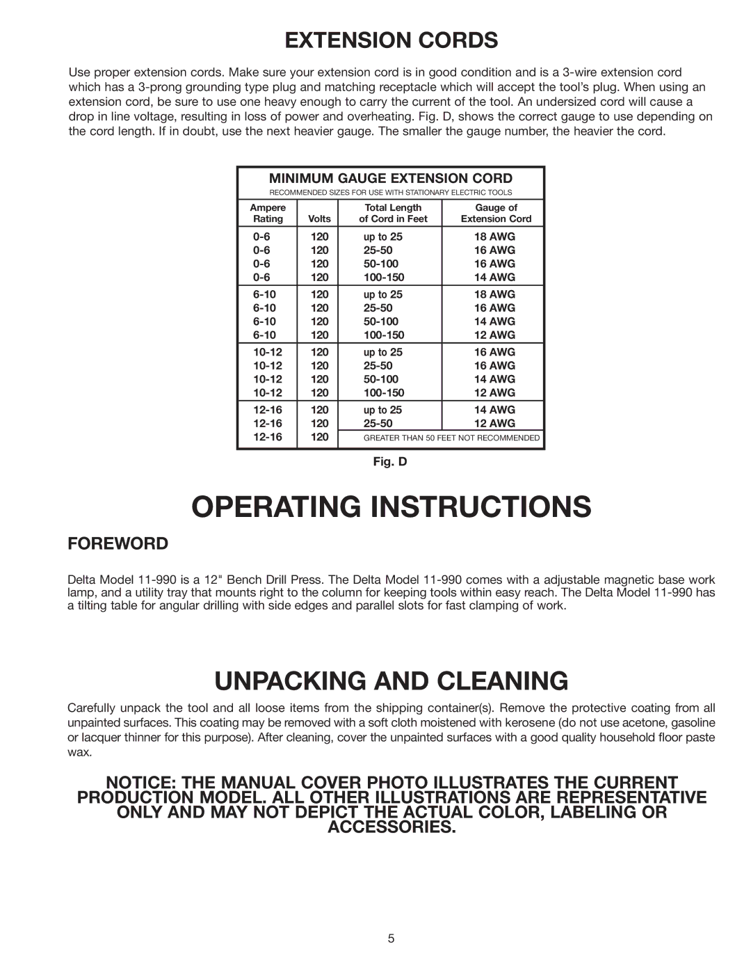 Delta 11-990 instruction manual Unpacking and Cleaning, Extension Cords 