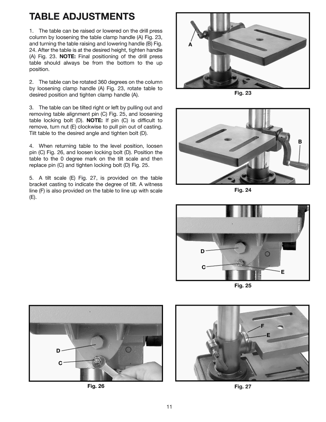 Delta 11-990C instruction manual Table Adjustments 