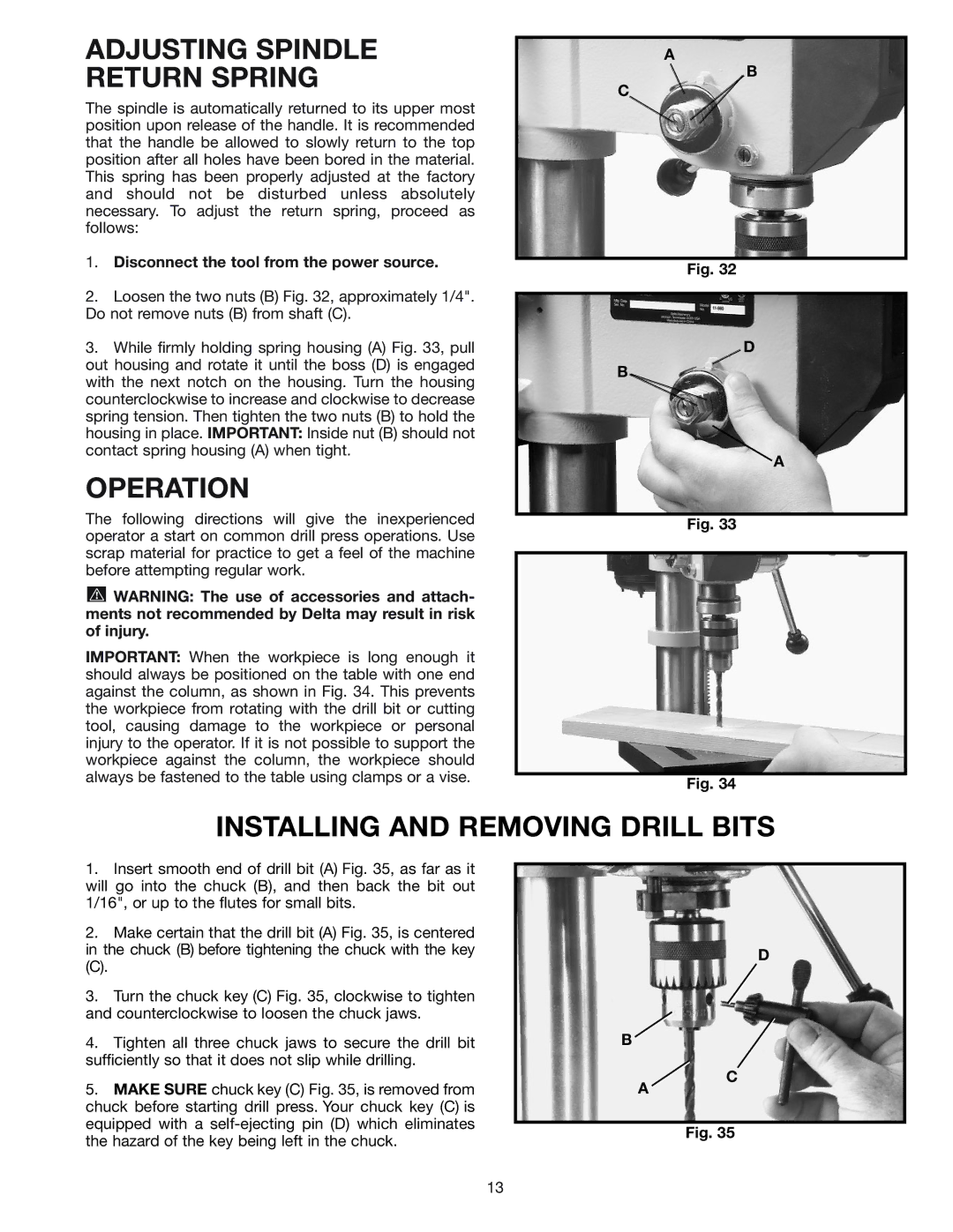 Delta 11-990C instruction manual Adjusting Spindle Return Spring, Operation, Installing and Removing Drill Bits 