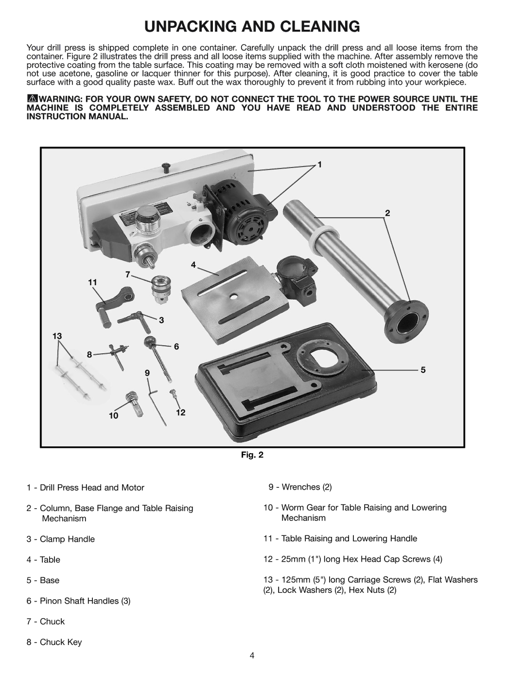 Delta 11-990C instruction manual Unpacking and Cleaning, 1012 