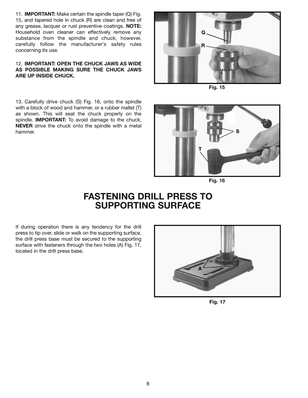 Delta 11-990C instruction manual Fastening Drill Press to Supporting Surface 