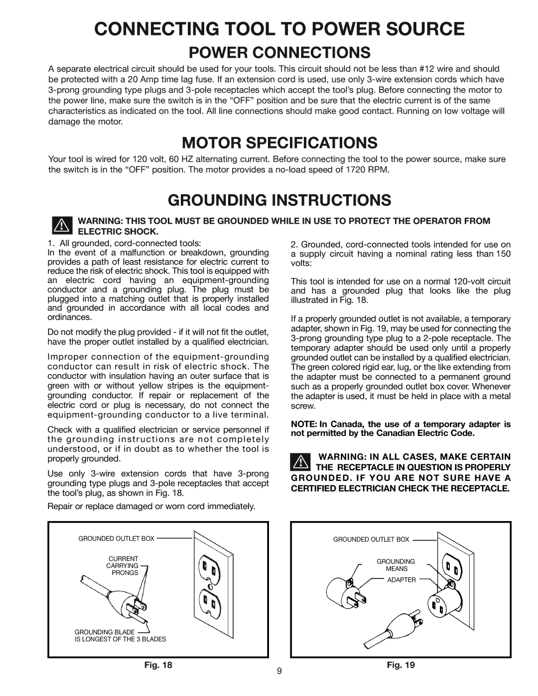 Delta 11-990C Connecting Tool to Power Source, Power Connections, Motor Specifications, Grounding Instructions 