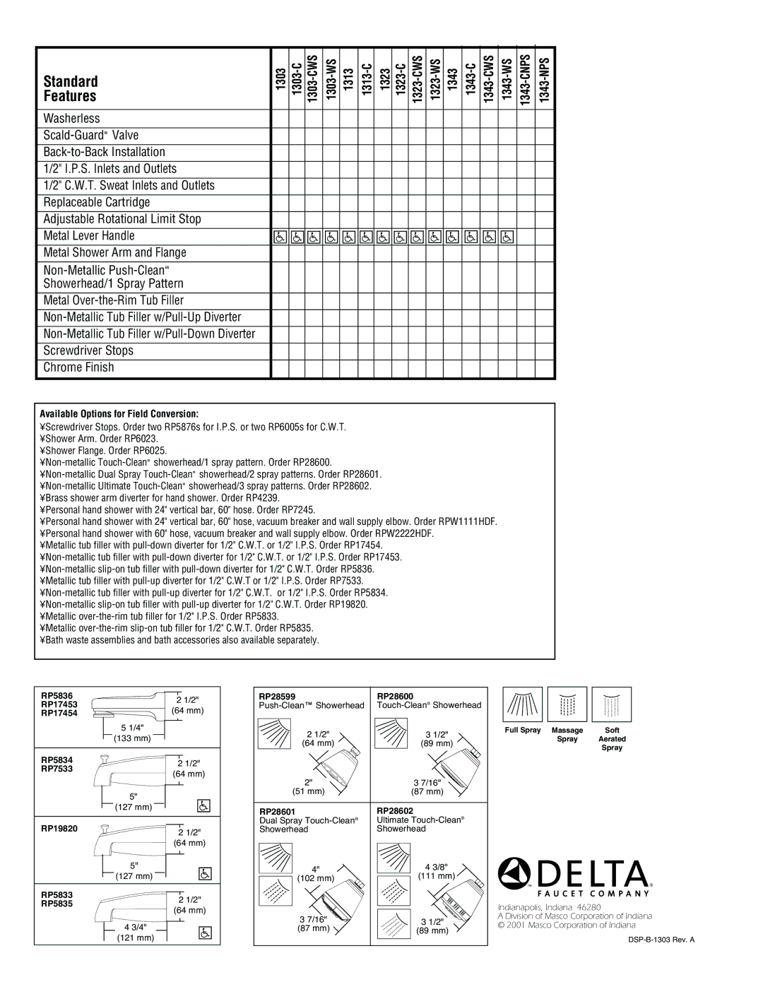 Delta 1343-NPS, 1313 specifications Non-Metallic Tub Filler w/Pull-Down Diverter 