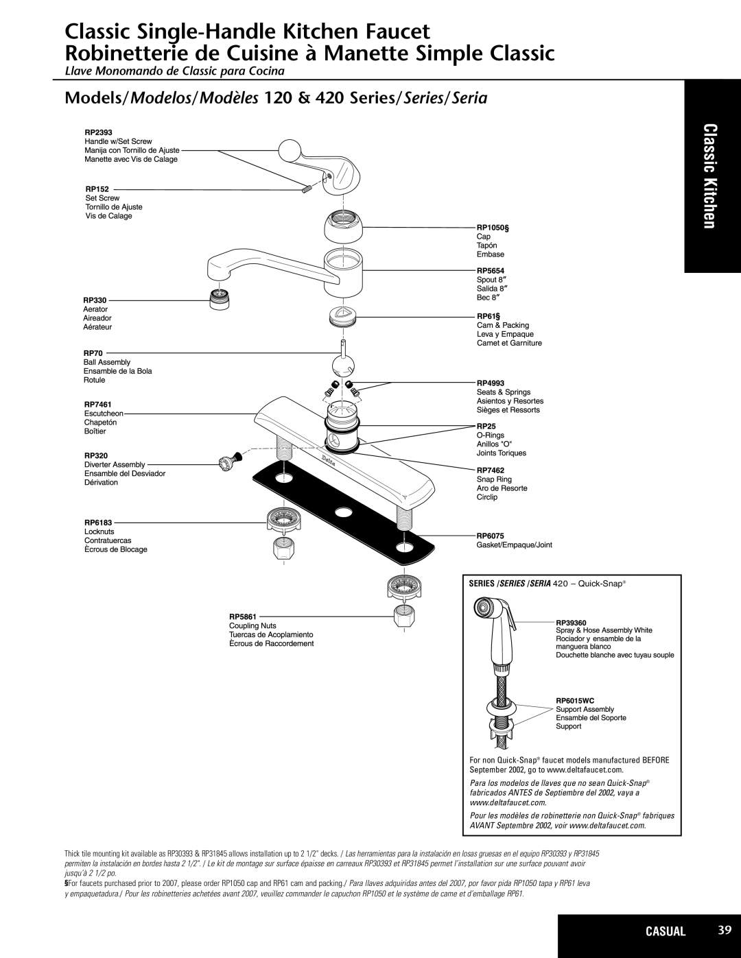 Delta 120 Series, 140 Series manual Classic Kitchen, Models/Modelos/Modèles 120 & 420 Series/Series/Seria 
