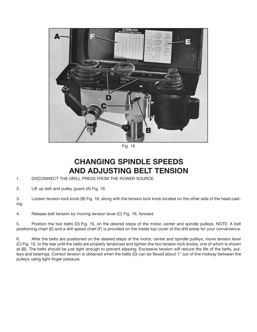 Delta 14070 Changing Spindle Speeds Adjusting Belt Tension, Disconnect the Drill Press from the Power Source 