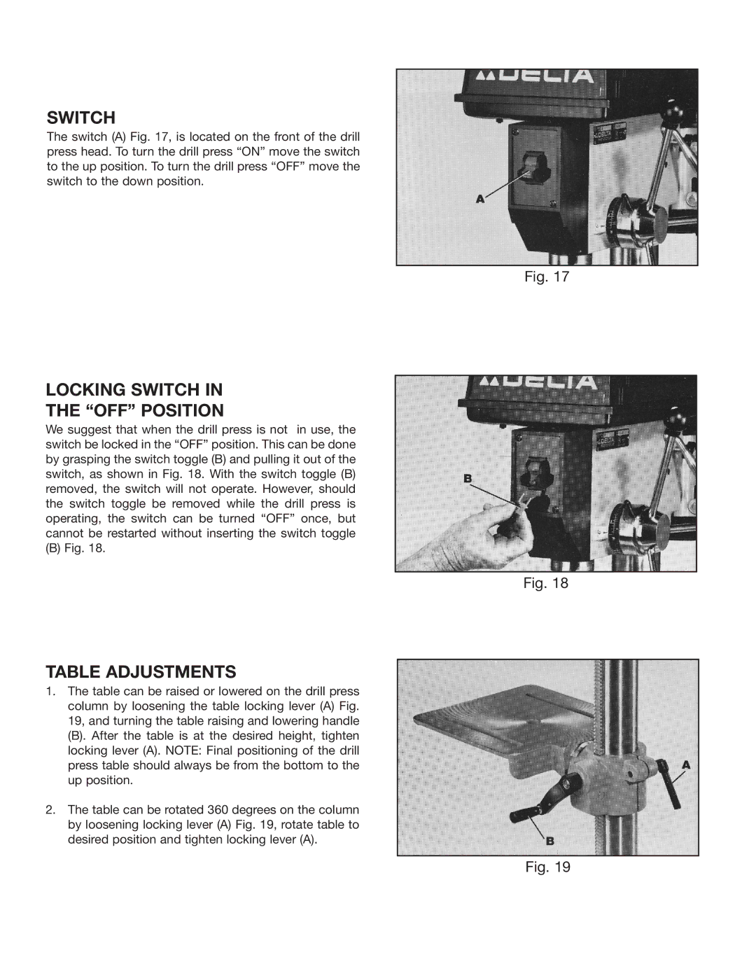 Delta 14070 instruction manual Locking Switch OFF Position, Table Adjustments 