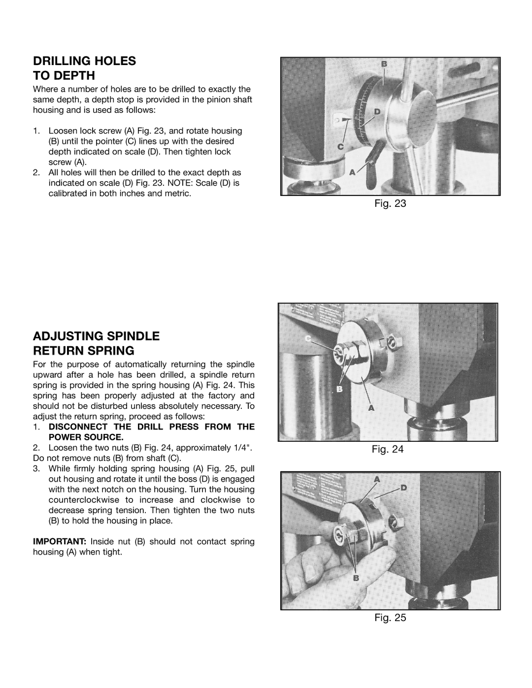 Delta 14070 instruction manual Drilling Holes To Depth, Adjusting Spindle Return Spring 