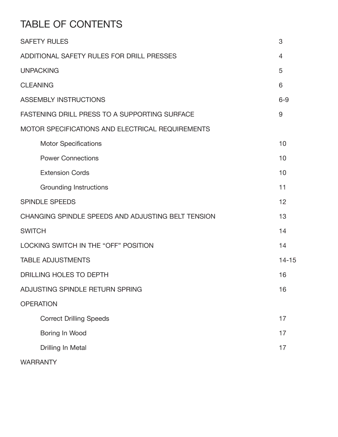 Delta 14070 instruction manual Table of Contents 