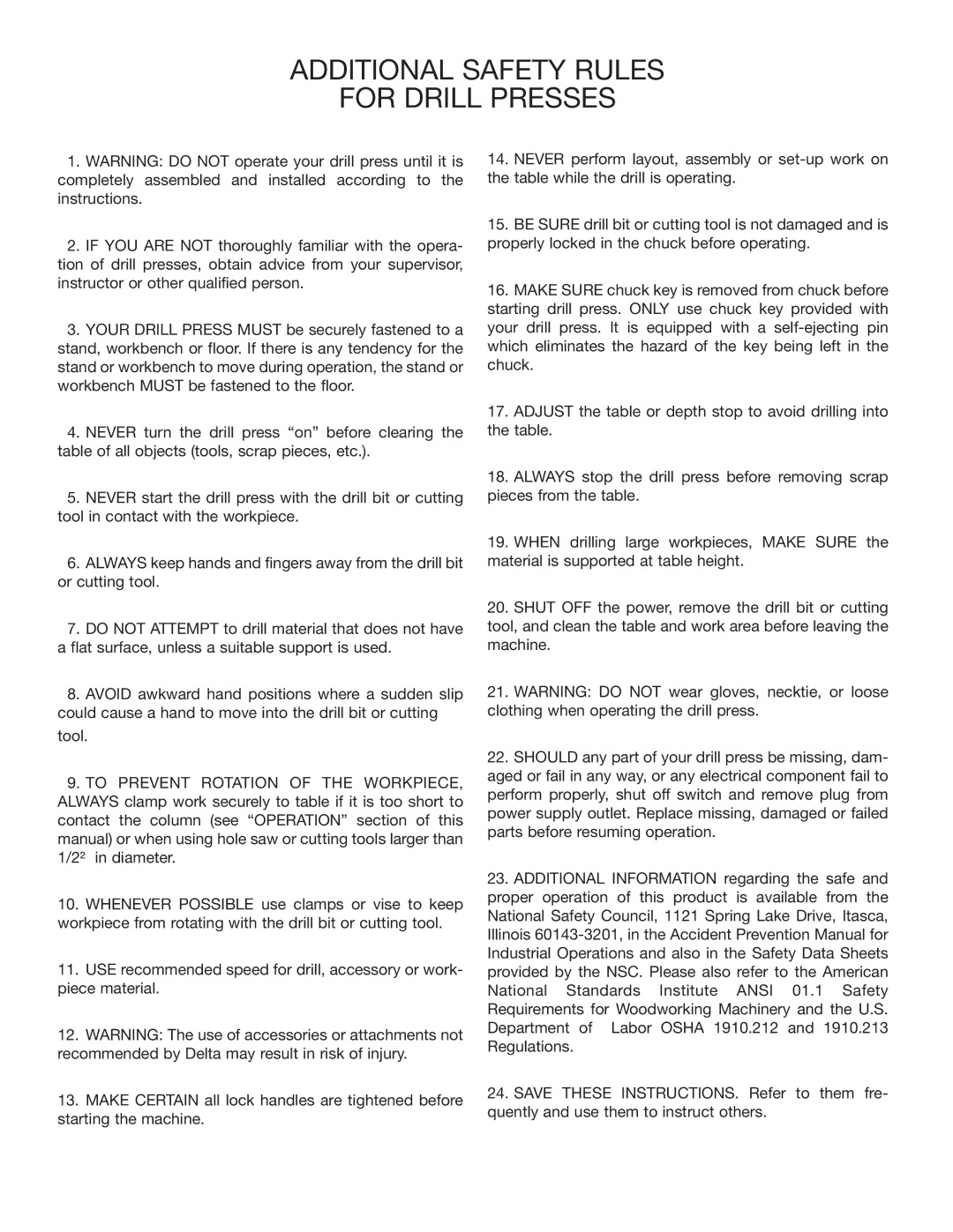 Delta 14070 instruction manual Additional Safety Rules For Drill Presses 