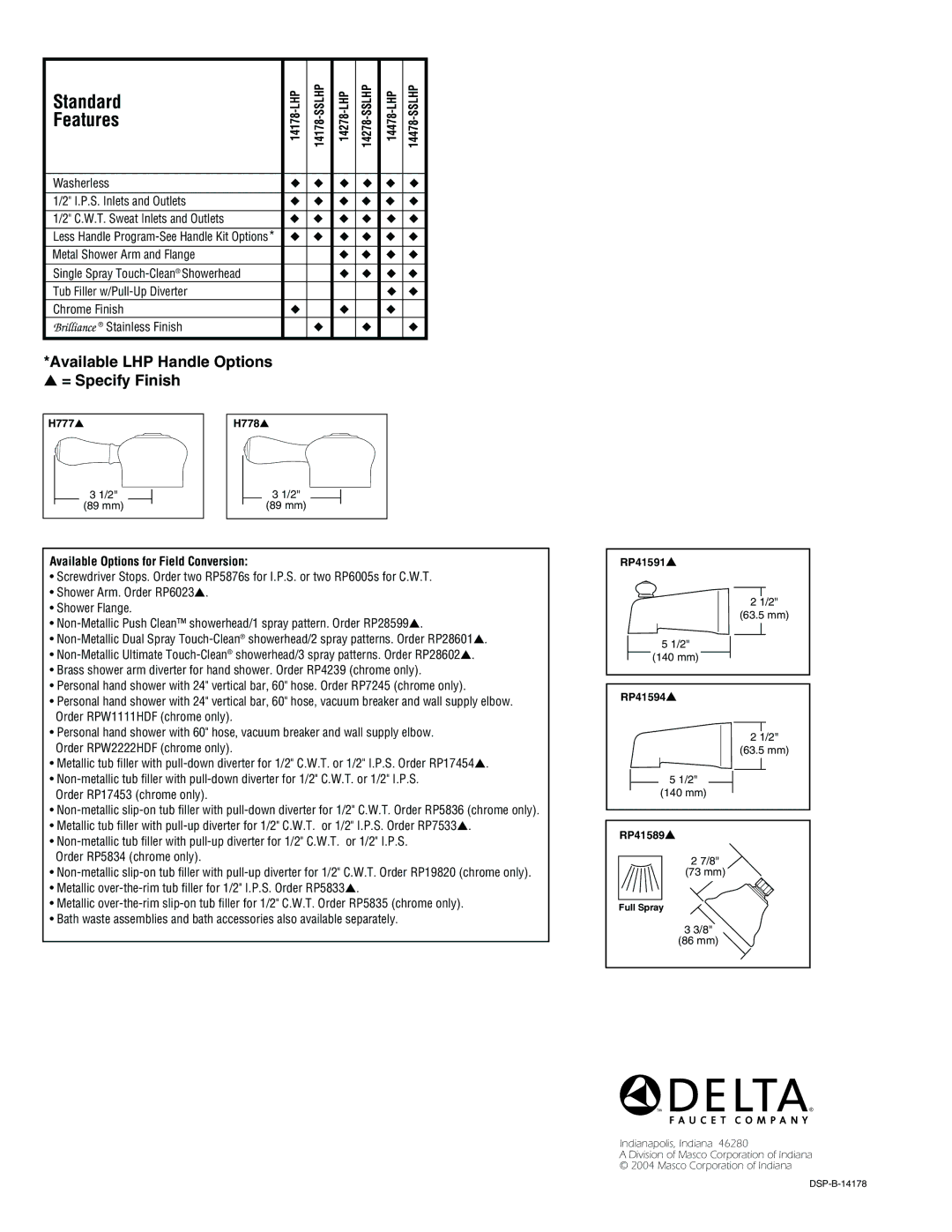 Delta 14478-LHP, 14178-LHP, 14278-LHP specifications Features, Available Options for Field Conversion 