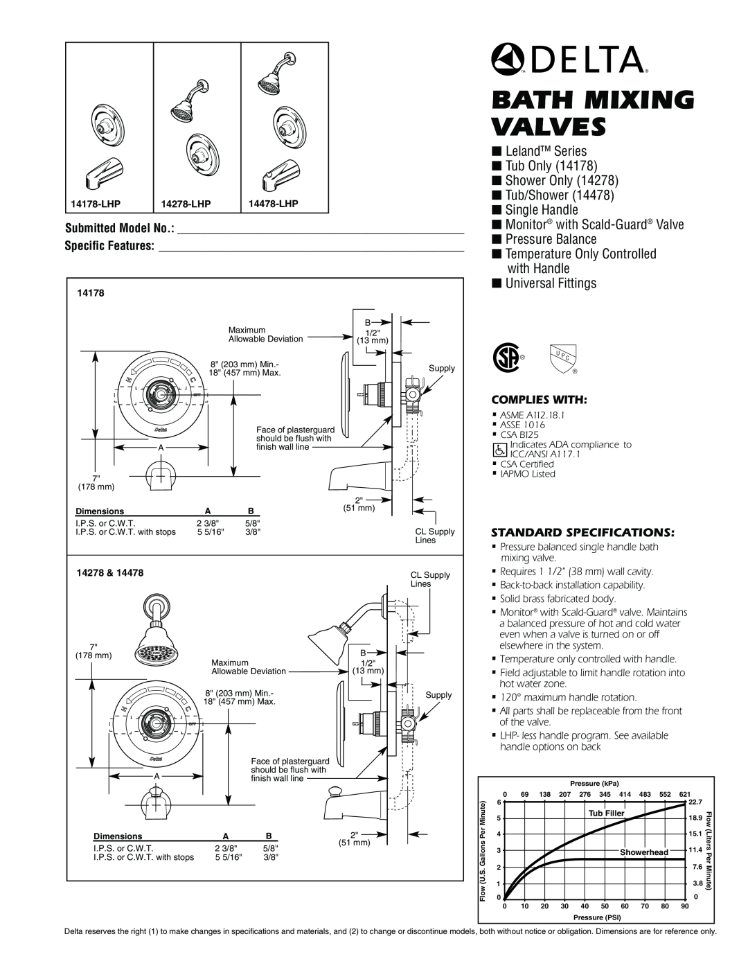 Delta 14278-LHP, 14178-LHP specifications Bath Mixing Valves, Leland Series Tub Only Shower Only Tub/Shower Single Handle 