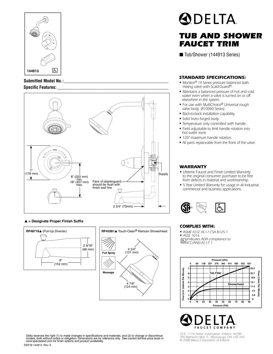 Delta warranty TUB and Shower Faucet Trim, Tub/Shower 144913 Series, Submitted Model No Specific Features, Warranty 