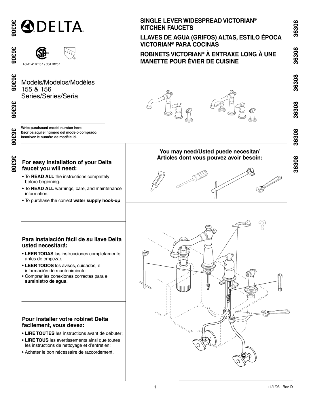 Delta 156 Series, 155 Series manual Single Lever Widespread Victorian, Kitchen Faucets, Victorian Para Cocinas 