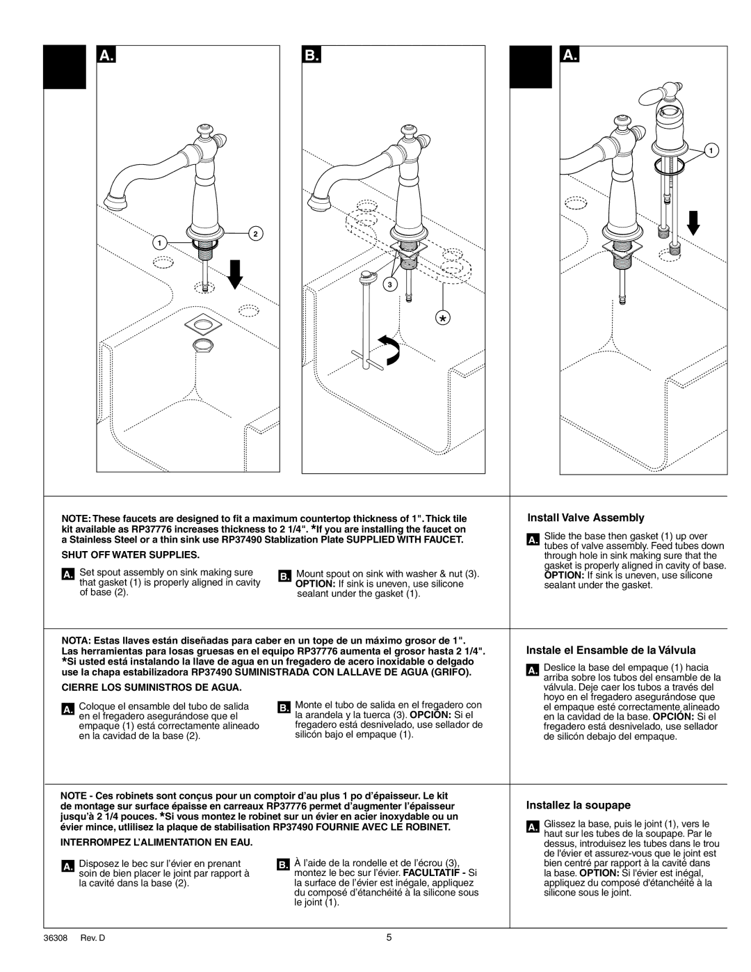 Delta 156 Series, 155 Series manual Install Valve Assembly, Instale el Ensamble de la Válvula, Installez la soupape 