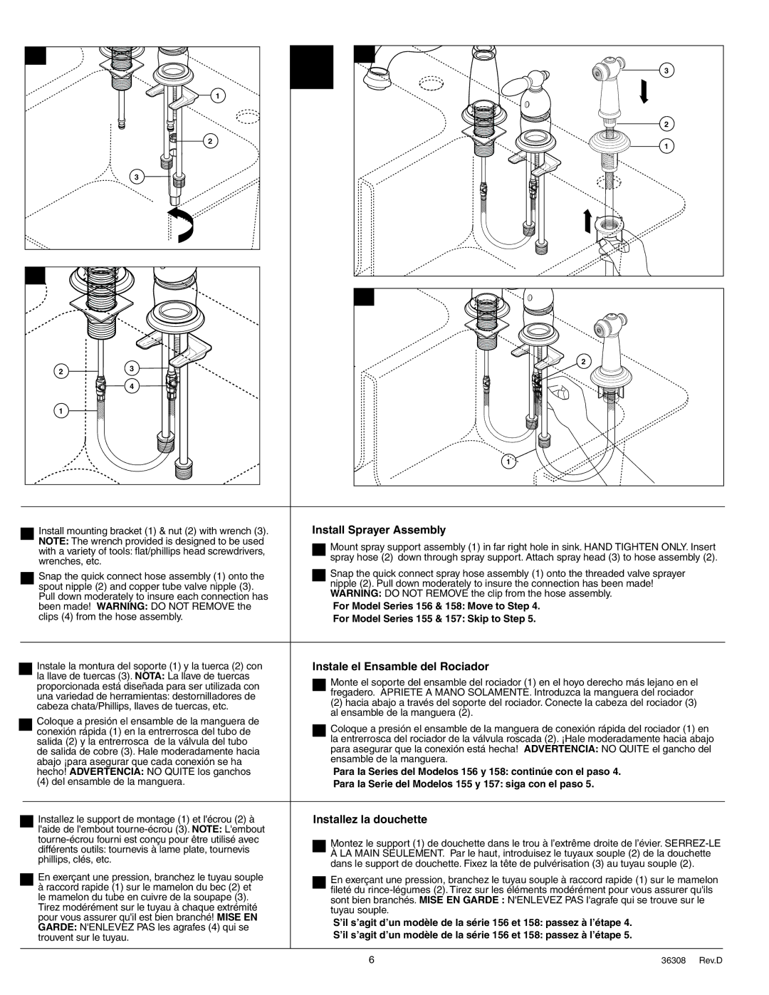 Delta 155 Series, 156 Series manual Install Sprayer Assembly, Instale el Ensamble del Rociador, Installez la douchette 