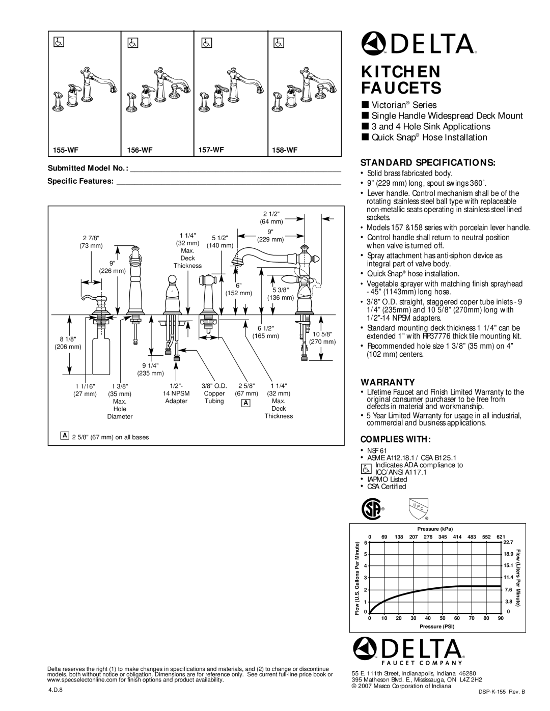 Delta 157-WF, 158-WF warranty Kitchen Faucets, Standard Specifications, Warranty, Complies with, ICC/ANSI A117.1 