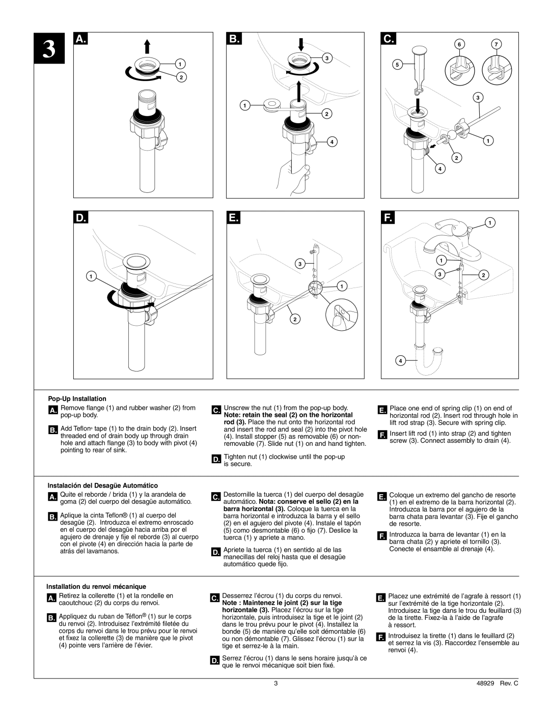 Delta 15915 Series manual Pop-Up Installation, Tighten nut 1 clockwise until the pop-up is secure 