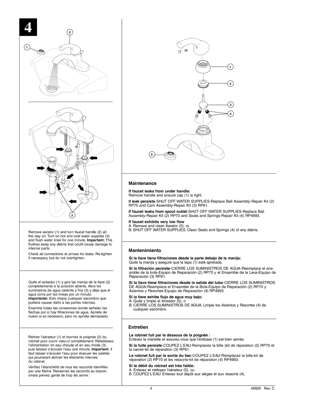 Delta 15915 Series manual Le robinet fuit par le dessous de la poignée 